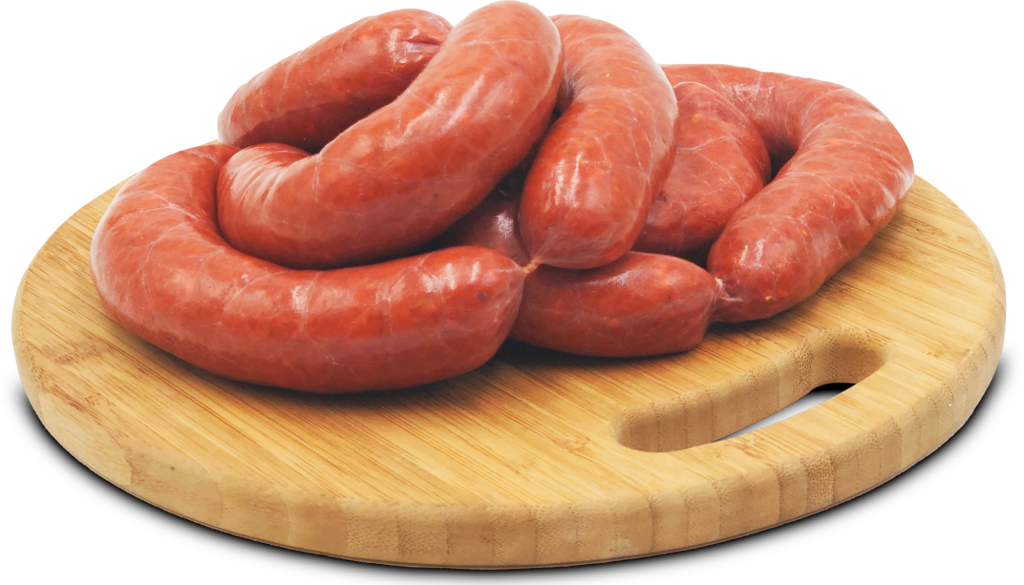 Chorizo stacked on a wooden cutting board