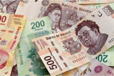 Stack of multiple different values of Mexican pesos